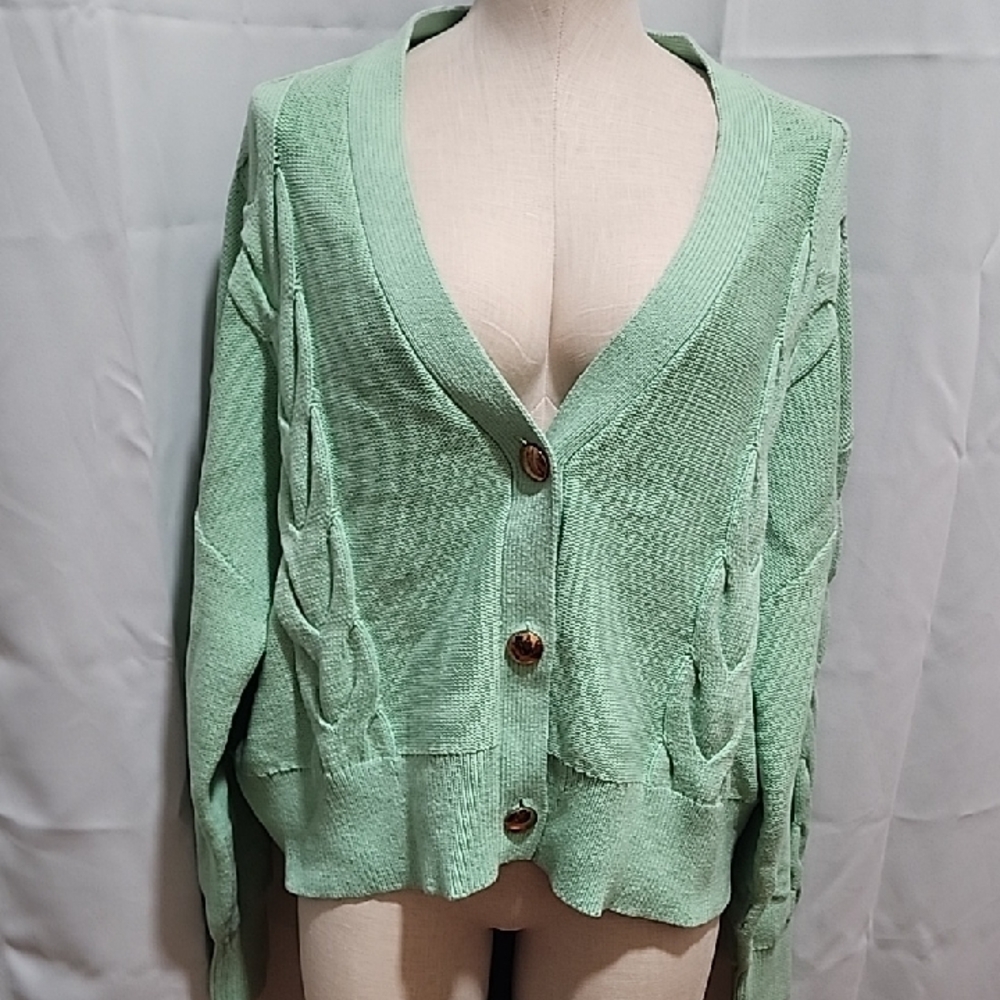Ophelia Roe. Mint Green Cable Knit Women's Sweater